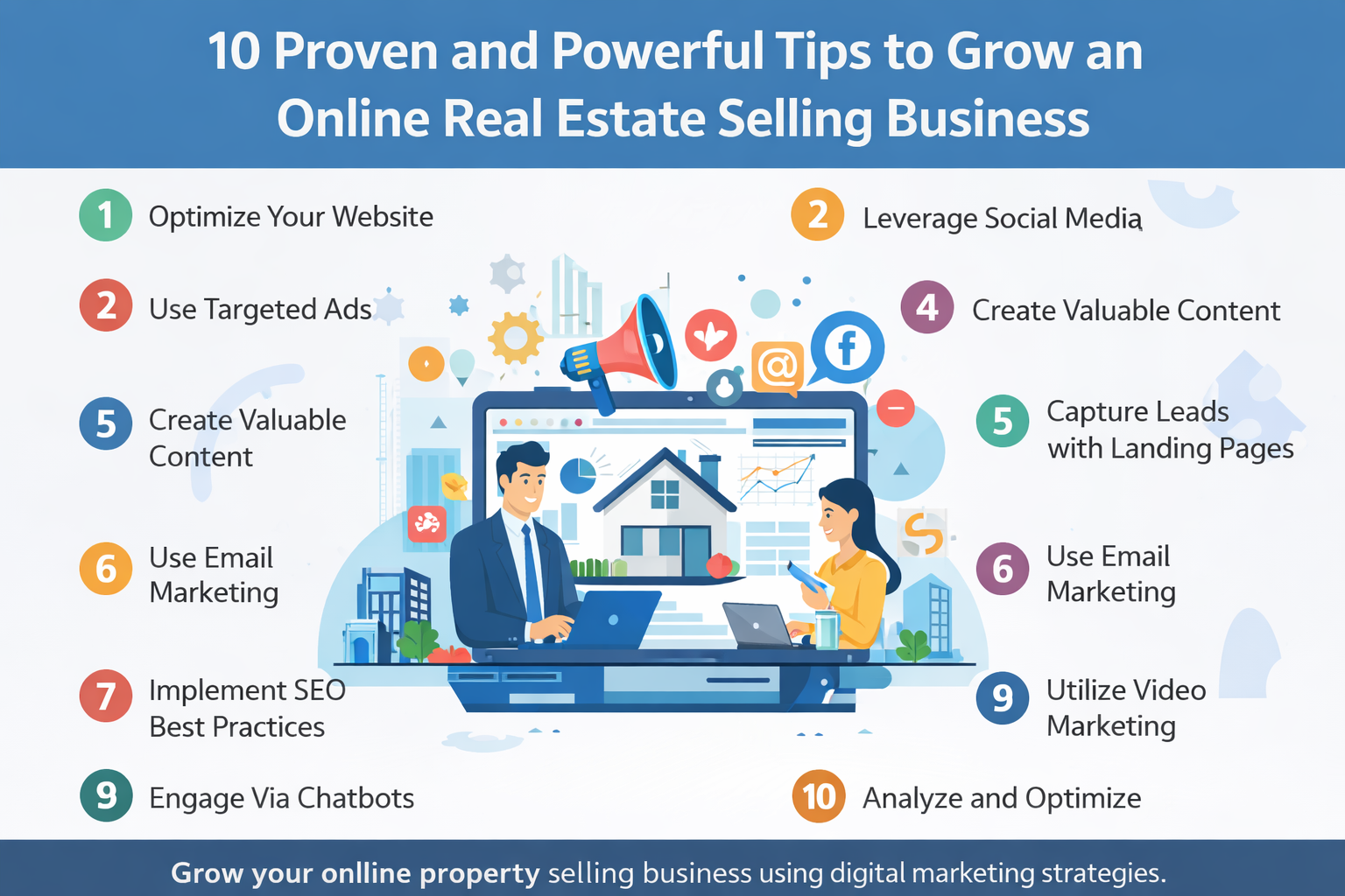 Tips to grow an online real estate selling business using digital marketing strategies.